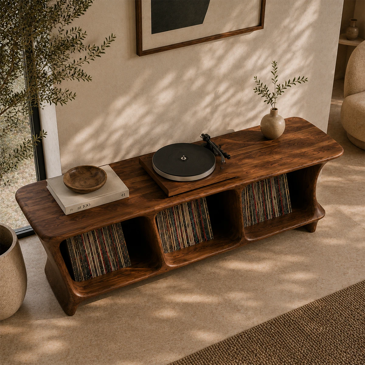 Low Natural Solid Wood Vinyl Record Stand With Three Open Compartments - ArborisWood - 5