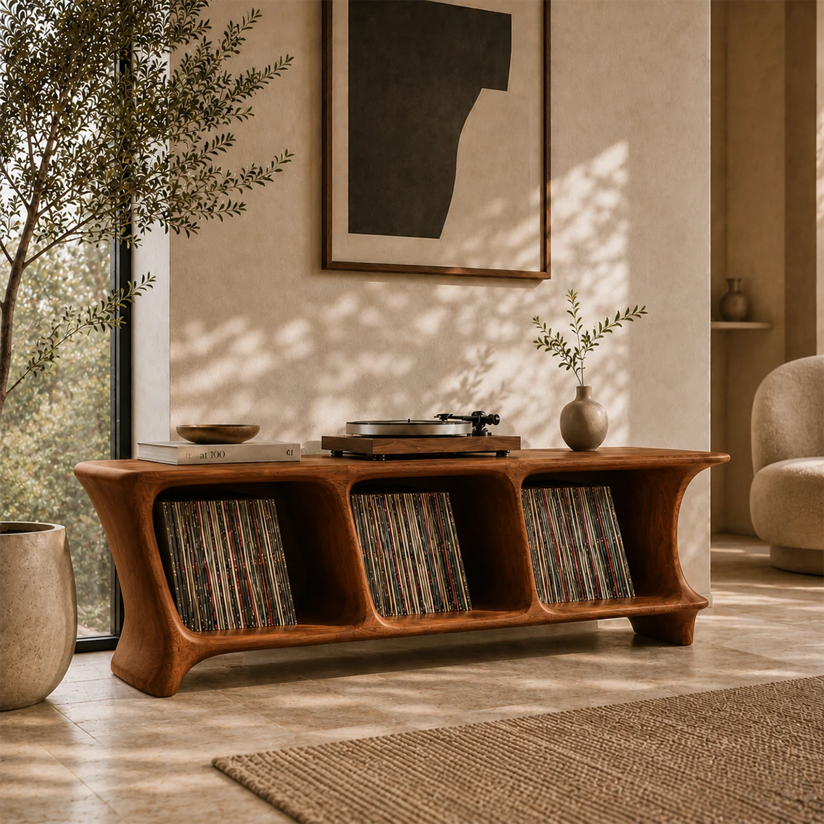 Low Natural Solid Wood Vinyl Record Stand With Three Open Compartments - ArborisWood - 6