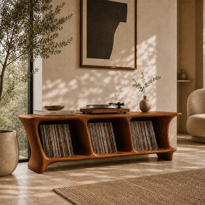 Low Natural Solid Wood Vinyl Record Stand With Three Open Compartments - ArborisWood - 6