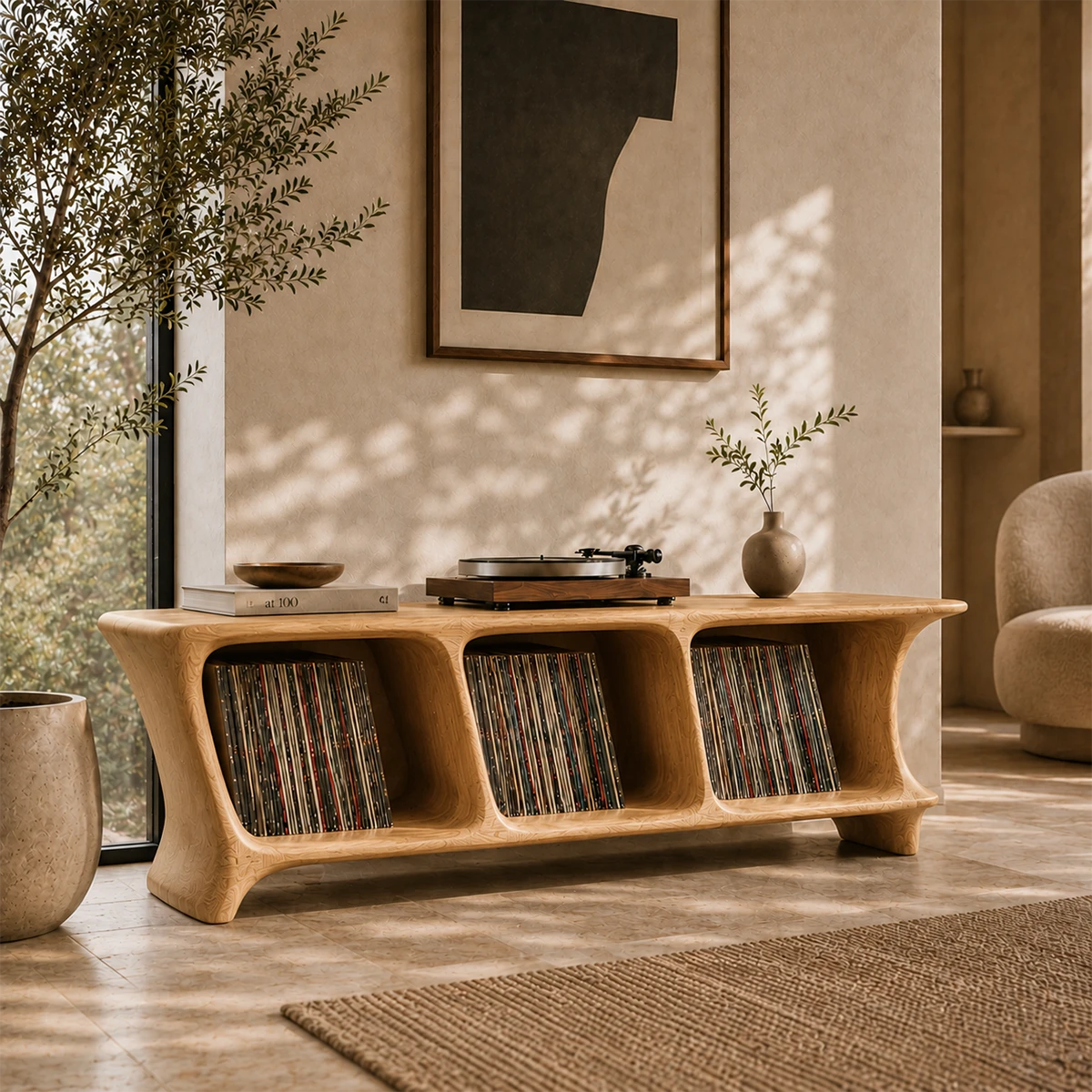 Low Natural Solid Wood Vinyl Record Stand With Three Open Compartments - ArborisWood - 7