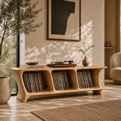 Low Natural Solid Wood Vinyl Record Stand With Three Open Compartments - ArborisWood - 7