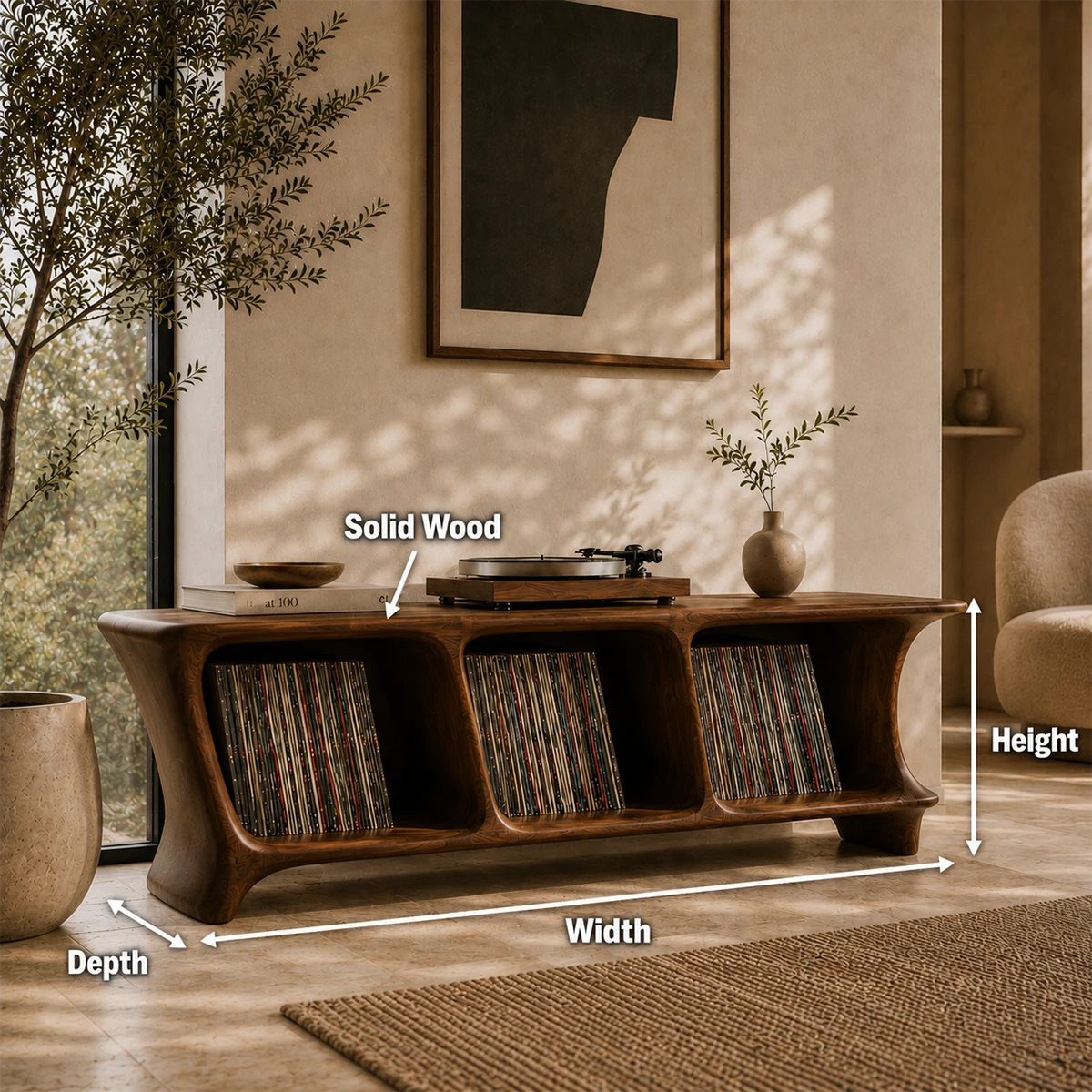 Low Natural Solid Wood Vinyl Record Stand With Three Open Compartments - ArborisWood - 9