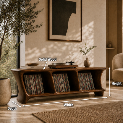 Low Natural Solid Wood Vinyl Record Stand With Three Open Compartments - ArborisWood - 9
