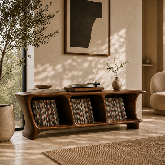 Low Natural Solid Wood Vinyl Record Stand With Three Open Compartments - ArborisWood