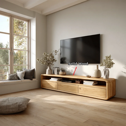 Low Profile Curved Natural Solid Wood TV Stand with Drawer Storage and Open Shelf - ArborisWood - 10