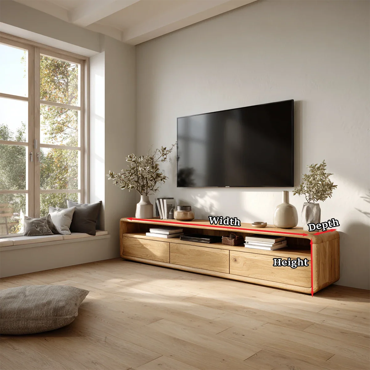 Low Profile Curved Natural Solid Wood TV Stand with Drawer Storage and Open Shelf - ArborisWood - 11