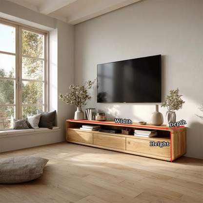 Low Profile Curved Natural Solid Wood TV Stand with Drawer Storage and Open Shelf - ArborisWood - 11