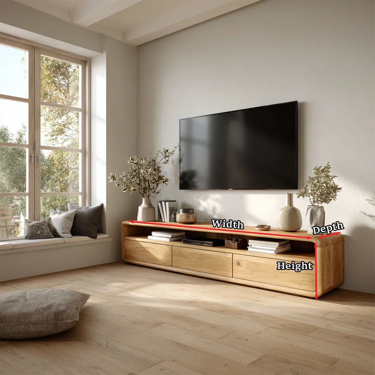 Low Profile Curved Natural Solid Wood TV Stand with Drawer Storage and Open Shelf - Arboriswood - 11