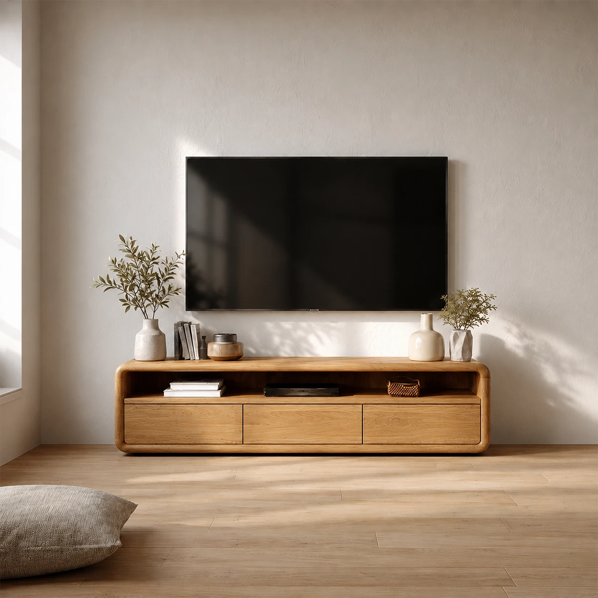 Low Profile Curved Natural Solid Wood TV Stand with Drawer Storage and Open Shelf - ArborisWood - 12