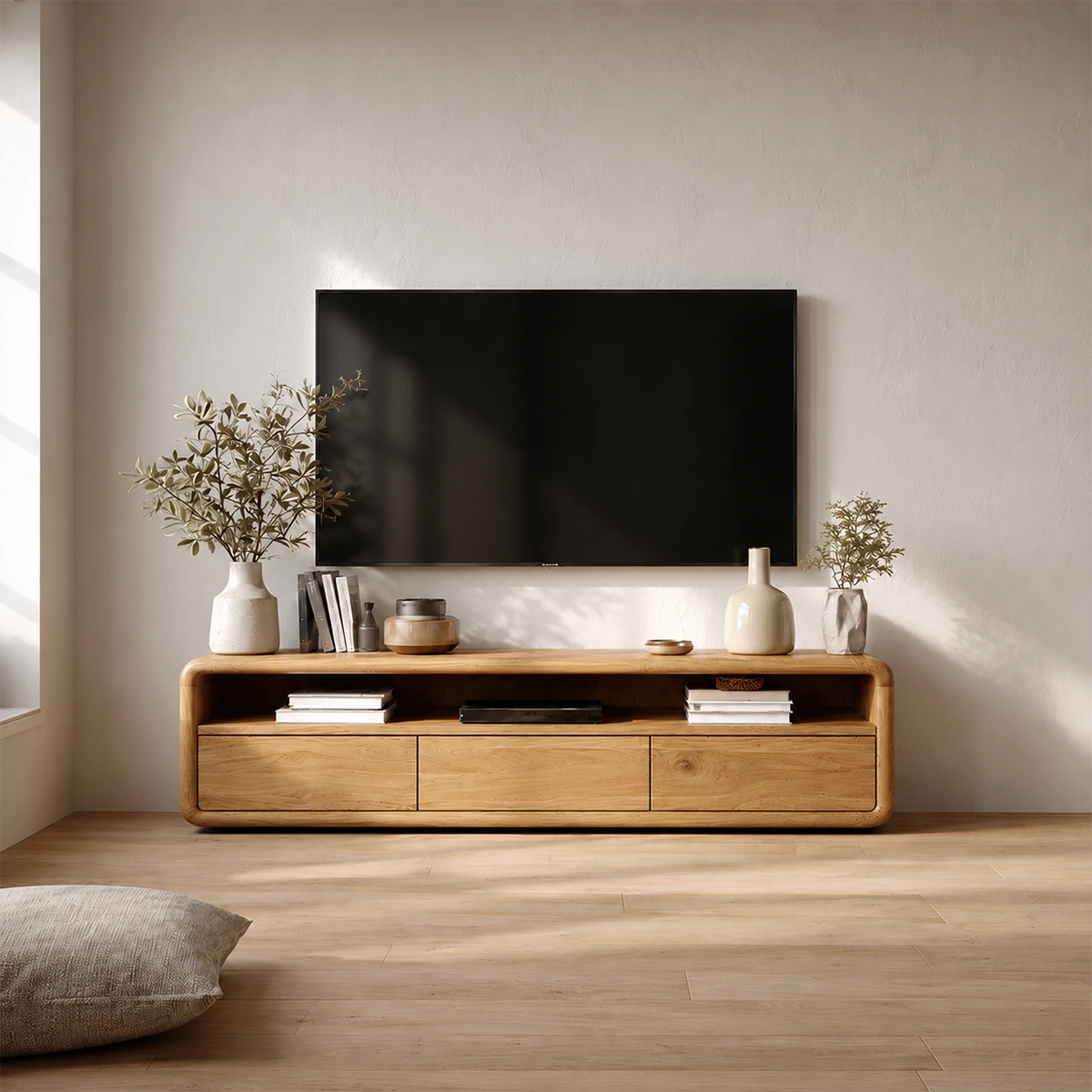Low Profile Curved Natural Solid Wood TV Stand with Drawer Storage and Open Shelf - ArborisWood - 13