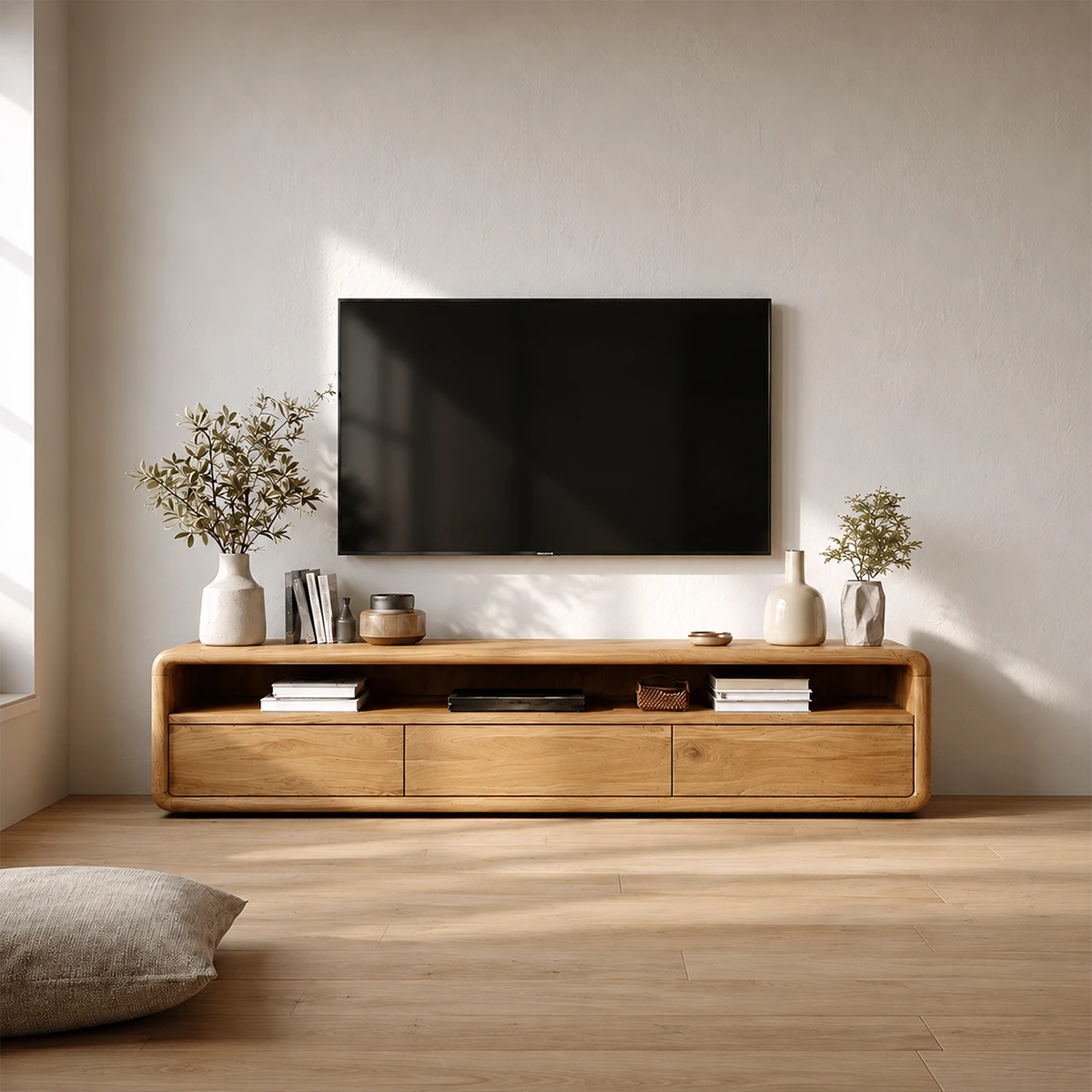 Low Profile Curved Natural Solid Wood TV Stand with Drawer Storage and Open Shelf - ArborisWood - 14