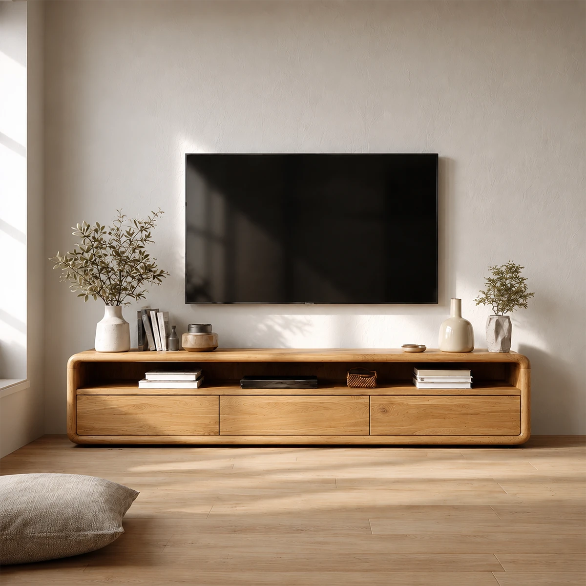 Low Profile Curved Natural Solid Wood TV Stand with Drawer Storage and Open Shelf - ArborisWood - 15