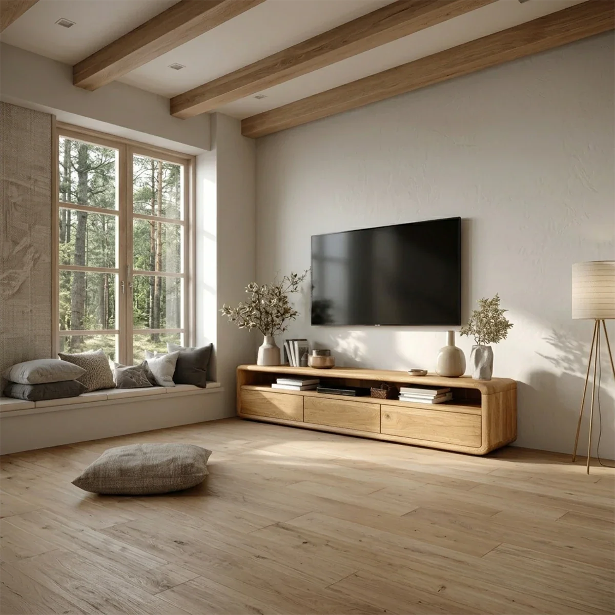 Low Profile Curved Natural Solid Wood TV Stand with Drawer Storage and Open Shelf - ArborisWood - 2