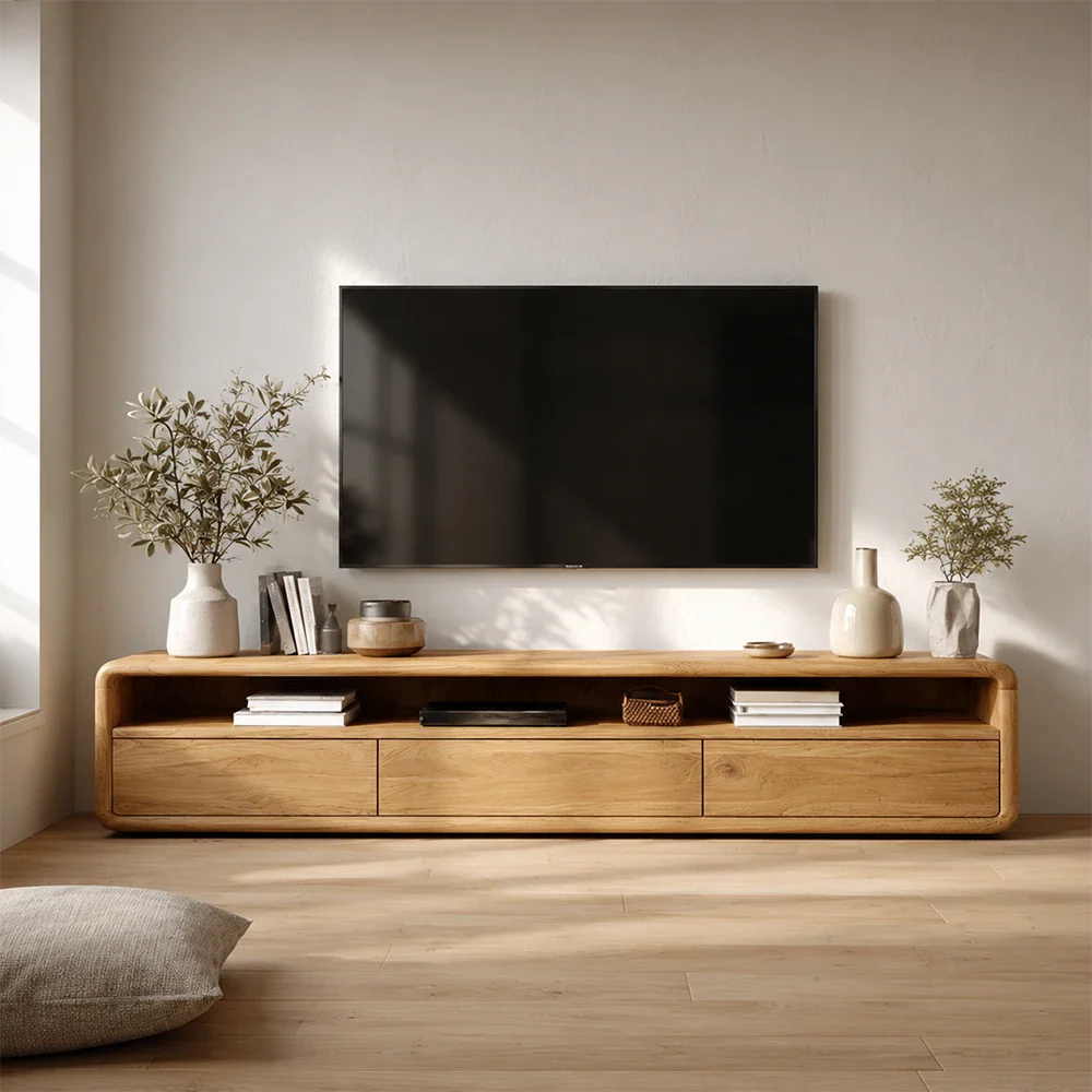 Low Profile Curved Natural Solid Wood TV Stand with Drawer Storage and Open Shelf - ArborisWood - 3