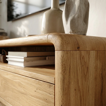 Low Profile Curved Natural Solid Wood TV Stand with Drawer Storage and Open Shelf - ArborisWood - 4