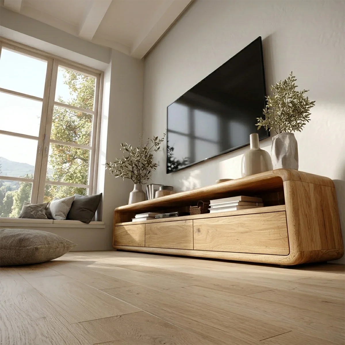 Low Profile Curved Natural Solid Wood TV Stand with Drawer Storage and Open Shelf - ArborisWood - 5