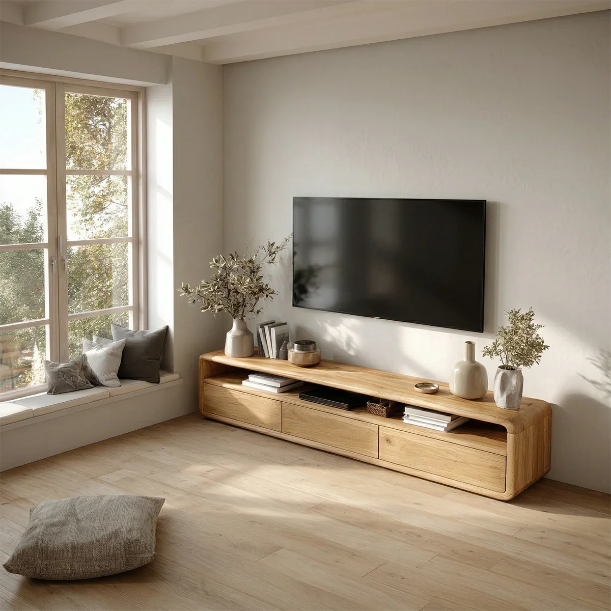 Low Profile Curved Natural Solid Wood TV Stand with Drawer Storage and Open Shelf - ArborisWood - 6
