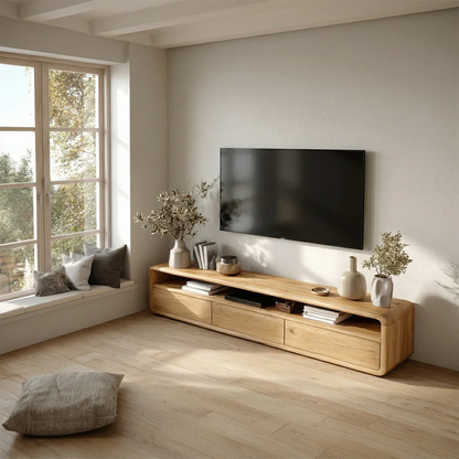 Low Profile Curved Natural Solid Wood TV Stand with Drawer Storage and Open Shelf - ArborisWood - 6