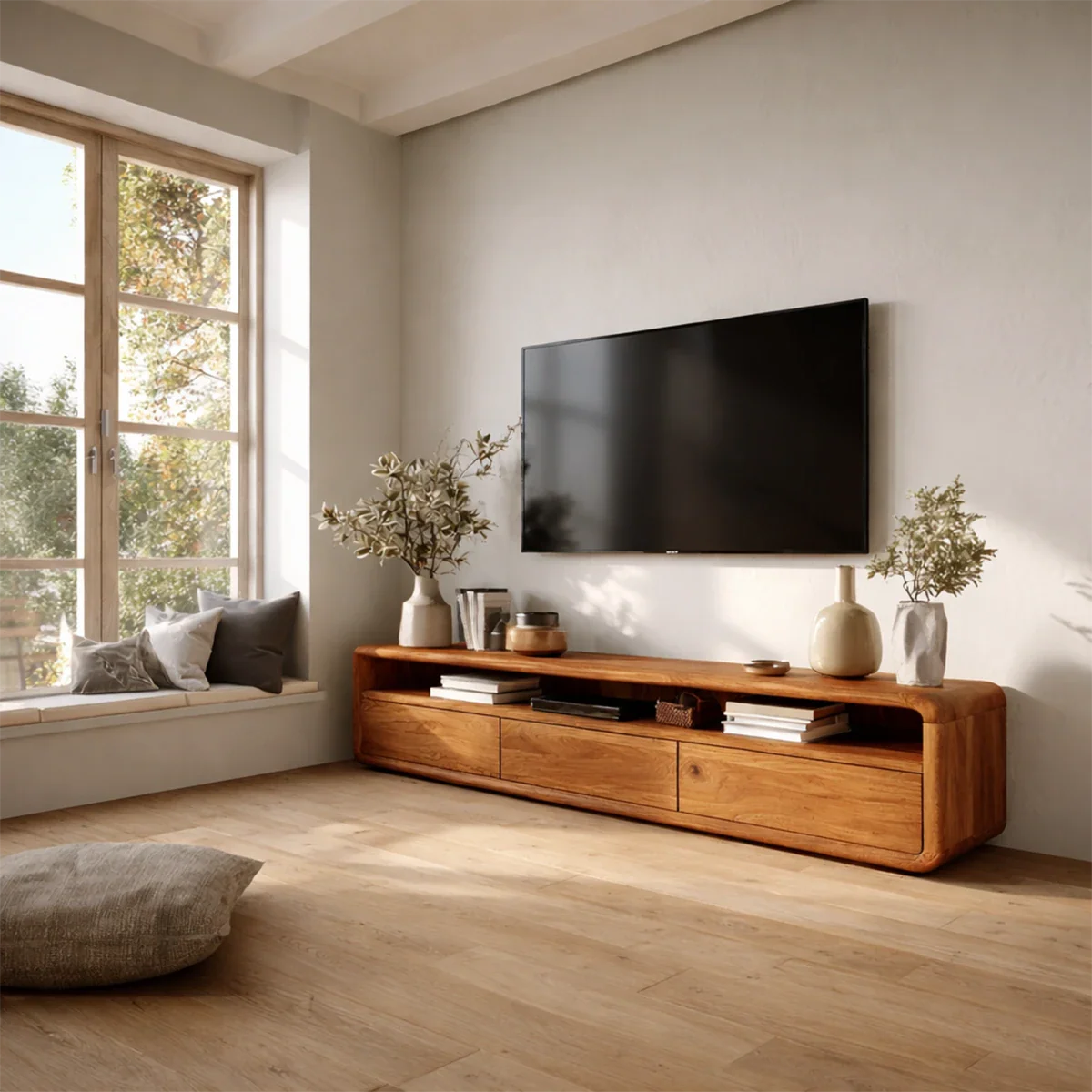 Low Profile Curved Natural Solid Wood TV Stand with Drawer Storage and Open Shelf - ArborisWood - 7