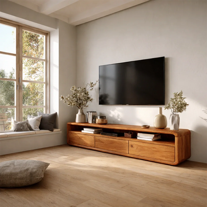 Low Profile Curved Natural Solid Wood TV Stand with Drawer Storage and Open Shelf - ArborisWood - 7