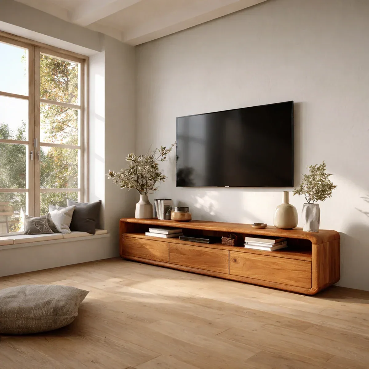 Low Profile Curved Natural Solid Wood TV Stand with Drawer Storage and Open Shelf - Arboriswood - 7