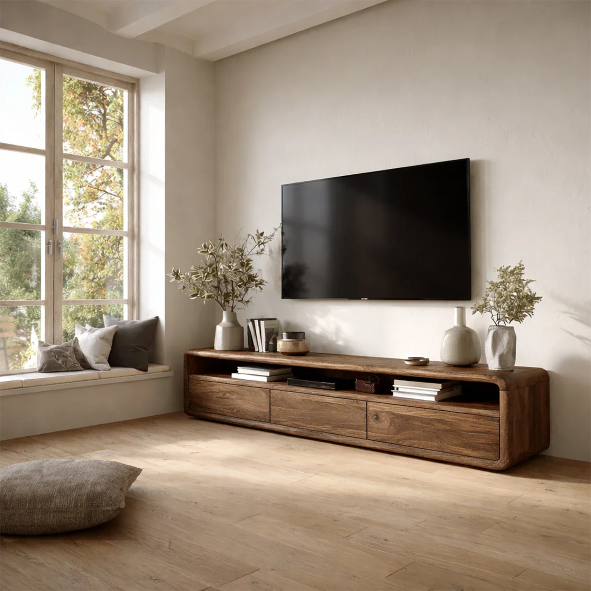 Low Profile Curved Natural Solid Wood TV Stand with Drawer Storage and Open Shelf - ArborisWood - 8