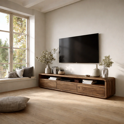Low Profile Curved Natural Solid Wood TV Stand with Drawer Storage and Open Shelf - ArborisWood - 8