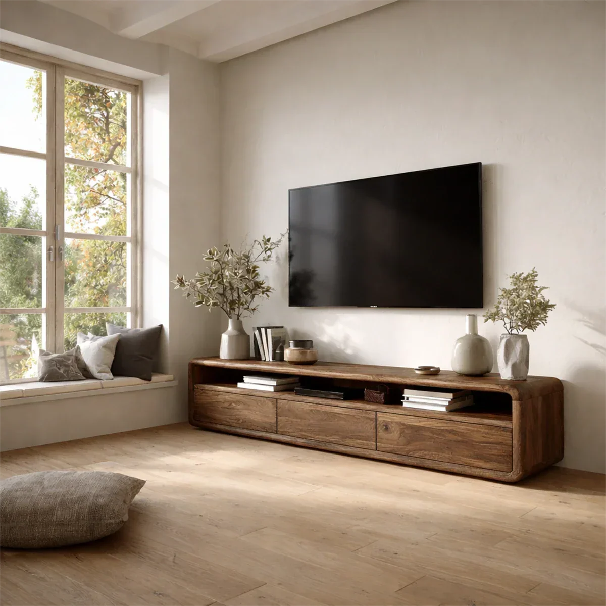 Low Profile Curved Natural Solid Wood TV Stand with Drawer Storage and Open Shelf - Arboriswood - 8