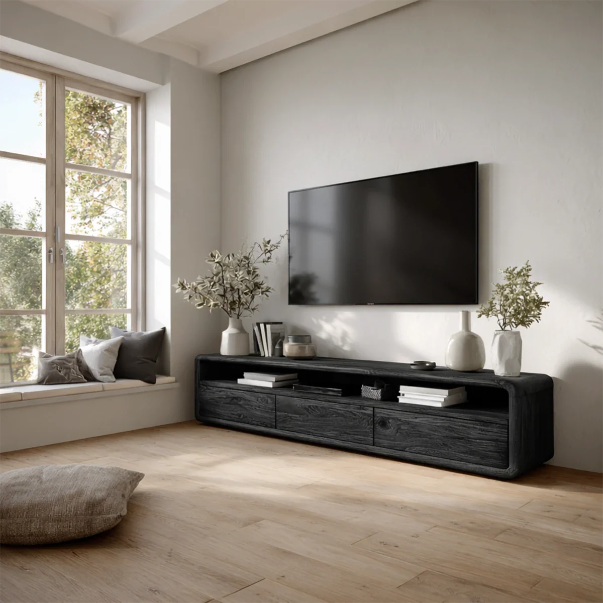 Low Profile Curved Natural Solid Wood TV Stand with Drawer Storage and Open Shelf - ArborisWood - 9