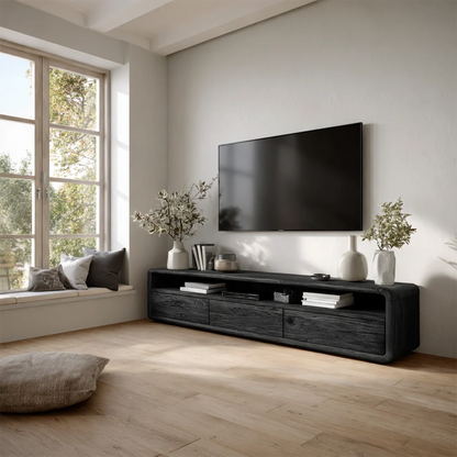 Low Profile Curved Natural Solid Wood TV Stand with Drawer Storage and Open Shelf - ArborisWood - 9