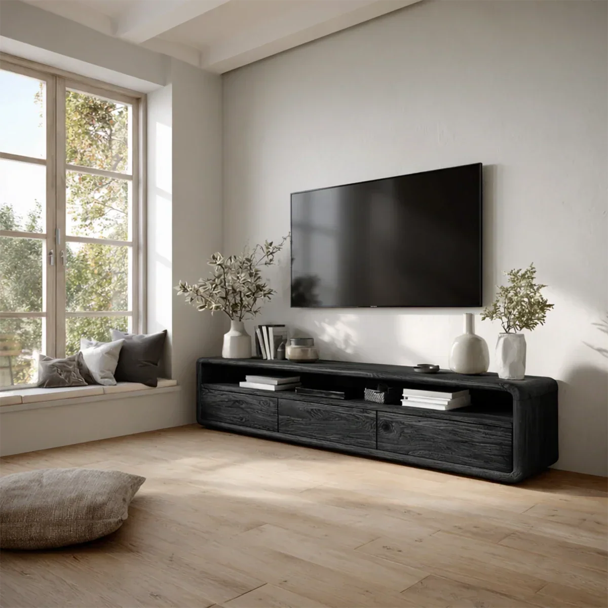 Low Profile Curved Natural Solid Wood TV Stand with Drawer Storage and Open Shelf - Arboriswood - 9