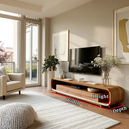 Low Profile Curved TV Stand in Natural Solid Wood with Drawer Storage - ArborisWood - 11