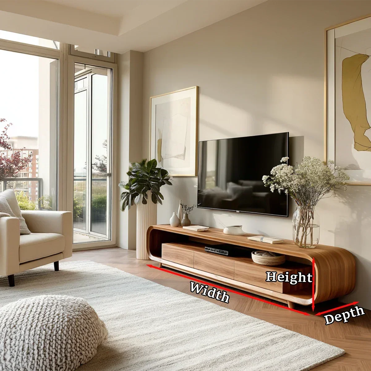 Low Profile Curved TV Stand in Natural Solid Wood with Drawer Storage - Arboriswood - 11
