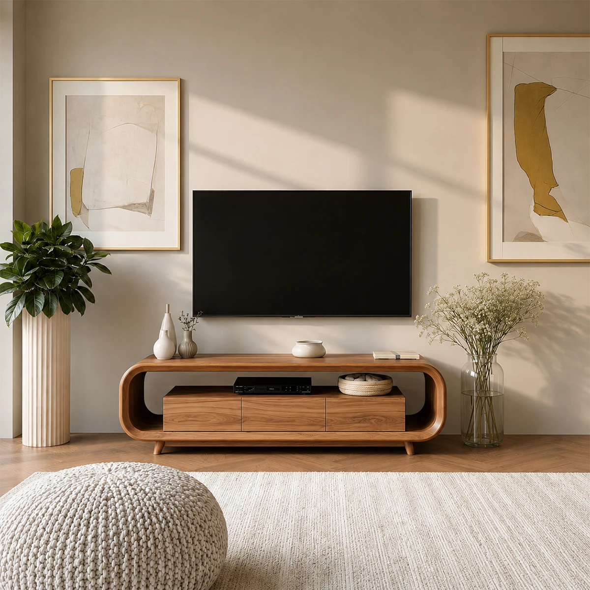 Low Profile Curved TV Stand in Natural Solid Wood with Drawer Storage - ArborisWood - 12