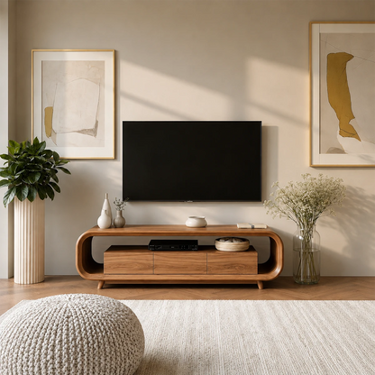 Low Profile Curved TV Stand in Natural Solid Wood with Drawer Storage - ArborisWood - 12