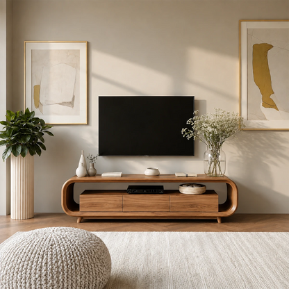 Low Profile Curved TV Stand in Natural Solid Wood with Drawer Storage - ArborisWood - 13
