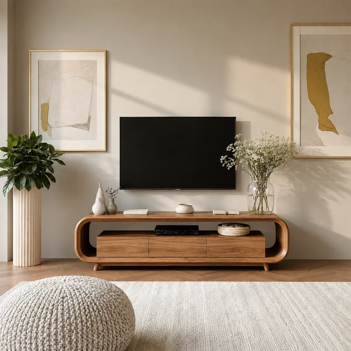 Low Profile Curved TV Stand in Natural Solid Wood with Drawer Storage - Arboriswood - 13