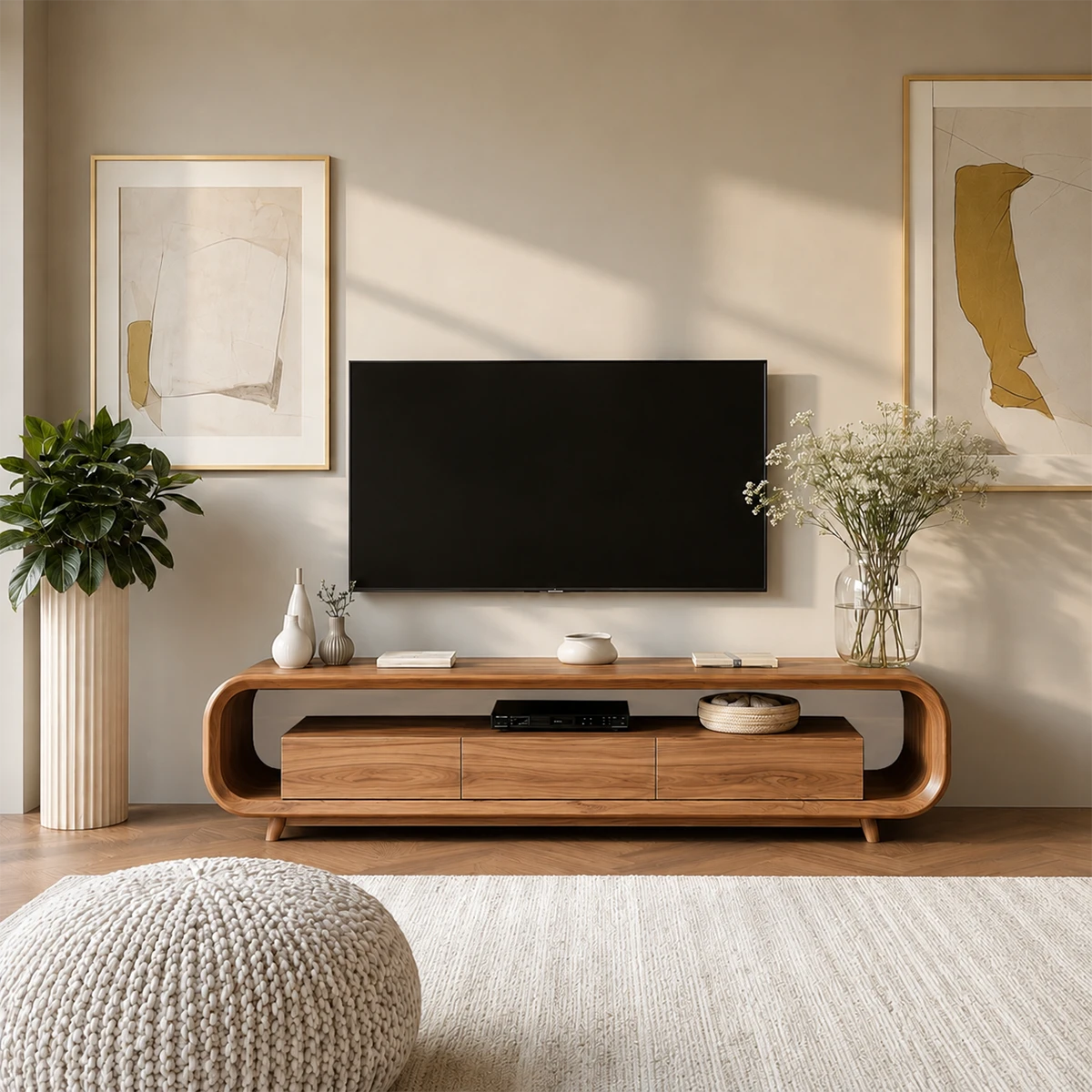 Low Profile Curved TV Stand in Natural Solid Wood with Drawer Storage - ArborisWood - 14