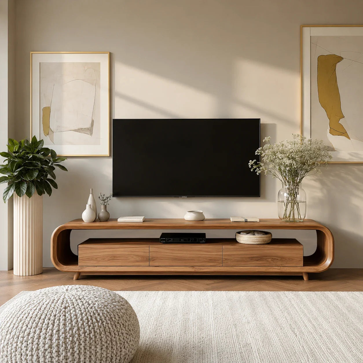 Low Profile Curved TV Stand in Natural Solid Wood with Drawer Storage - ArborisWood - 3