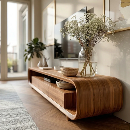 Low Profile Curved TV Stand in Natural Solid Wood with Drawer Storage - ArborisWood - 4