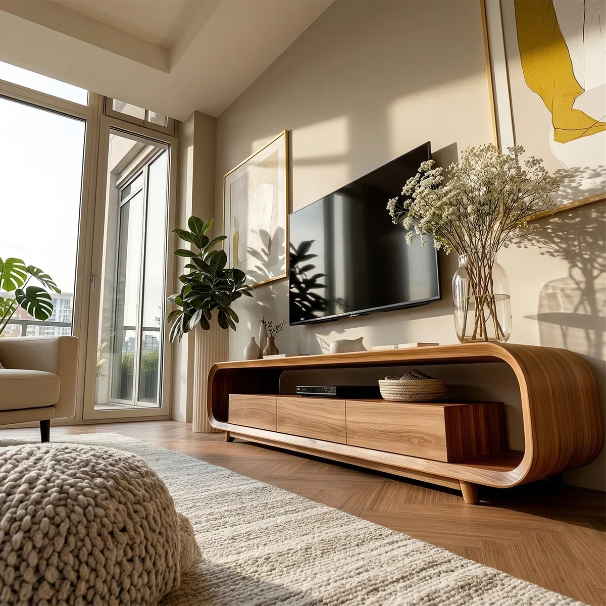 Low Profile Curved TV Stand in Natural Solid Wood with Drawer Storage - ArborisWood - 5