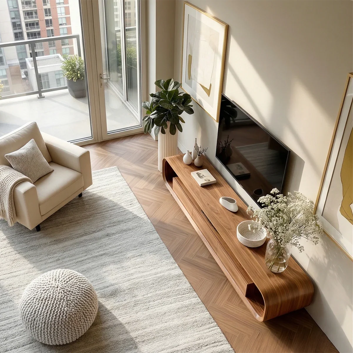 Low Profile Curved TV Stand in Natural Solid Wood with Drawer Storage - ArborisWood - 6