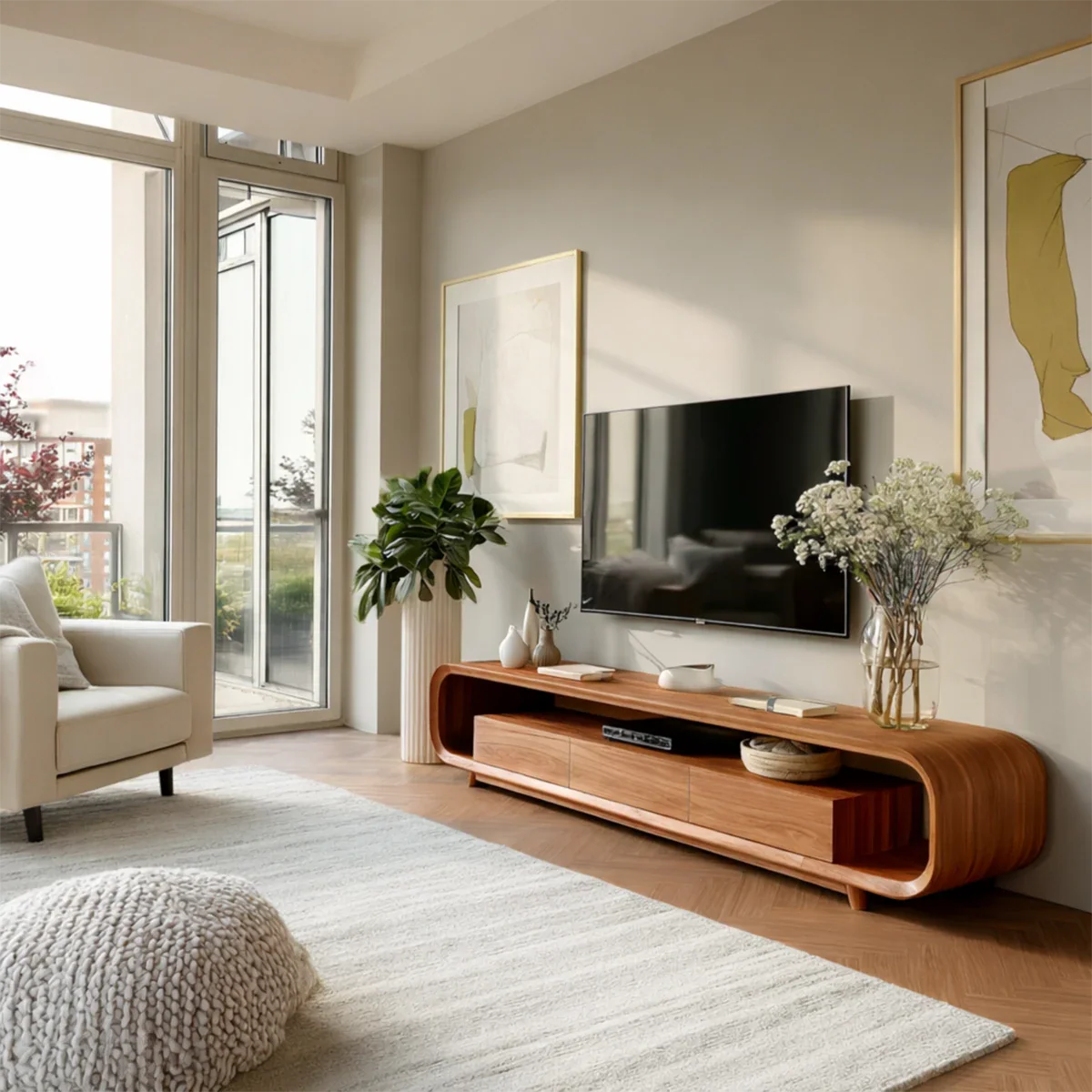 Low Profile Curved TV Stand in Natural Solid Wood with Drawer Storage - ArborisWood - 7