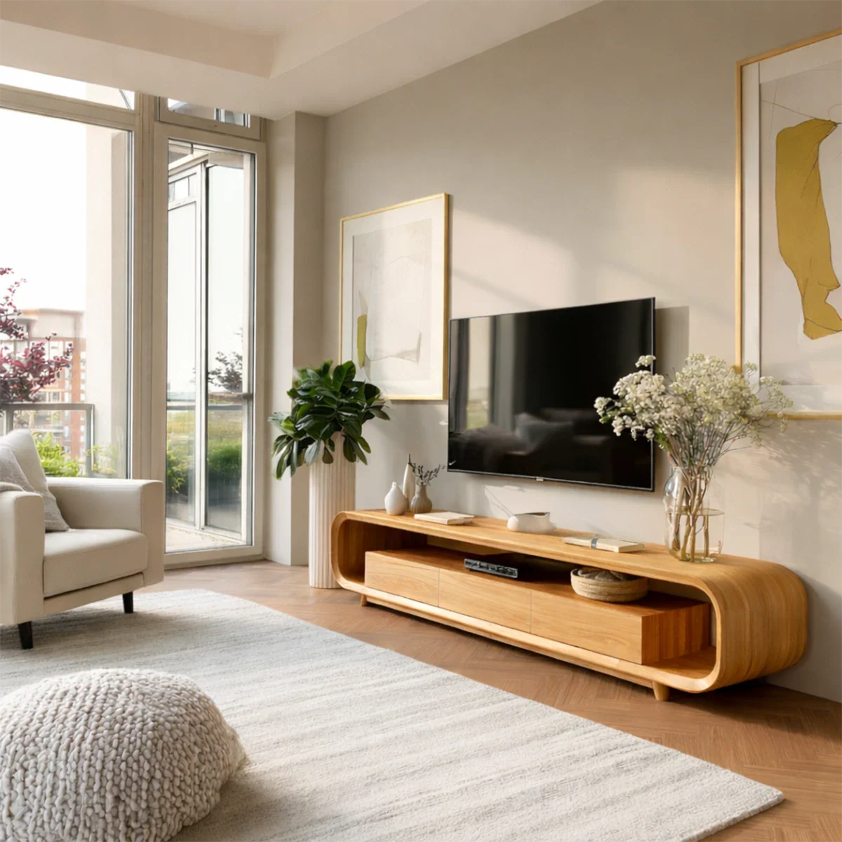 Low Profile Curved TV Stand in Natural Solid Wood with Drawer Storage - ArborisWood - 8