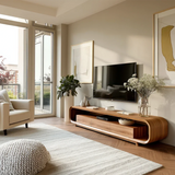 Low Profile Curved TV Stand in Natural Solid Wood with Drawer Storage - Arboriswood
