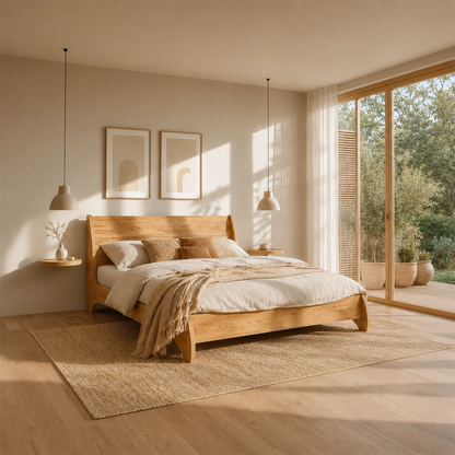 Low Profile Natural Solid Wood Bed Frame With Winged Headboard and Curved Base - ArborisWood - 2