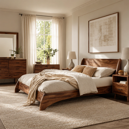 Low Profile Natural Solid Wood Bed Frame With Winged Headboard and Curved Base - ArborisWood - 6