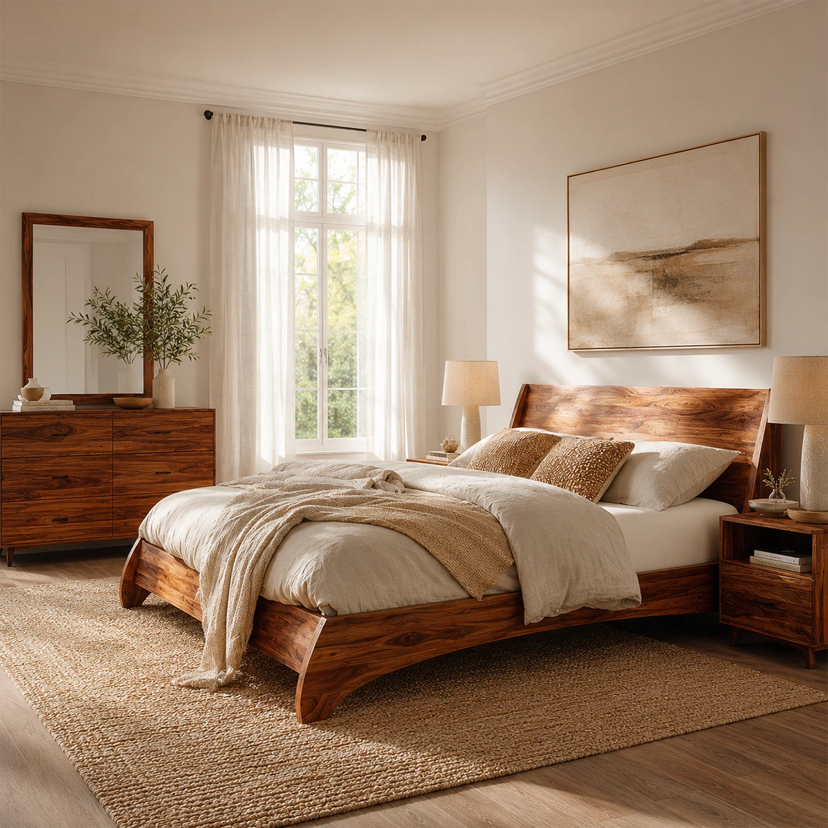 Low Profile Natural Solid Wood Bed Frame With Winged Headboard and Curved Base - ArborisWood - 7
