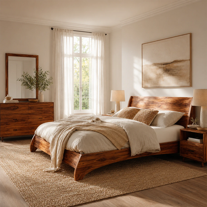 Low Profile Natural Solid Wood Bed Frame With Winged Headboard and Curved Base - ArborisWood - 7