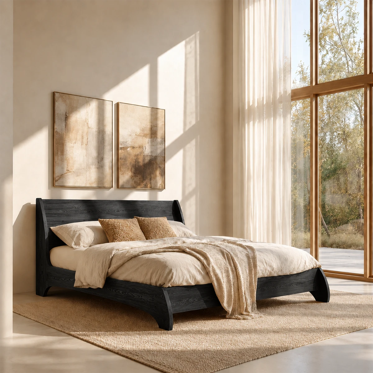 Low Profile Natural Solid Wood Bed Frame With Winged Headboard and Curved Base - ArborisWood - 8